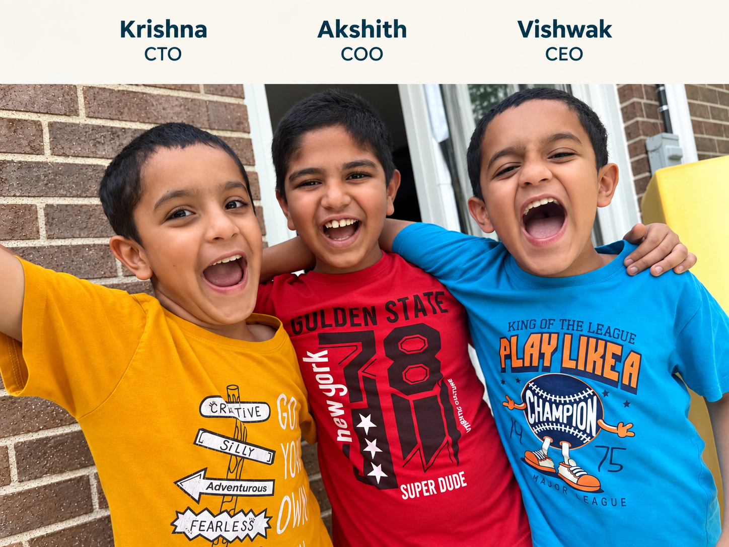 The Skinpin team together: Krishna in yellow on the left, labeled CTO; Akshith in red in the center, labeled COO; and Vishwak in blue on the right, labeled CEO.
